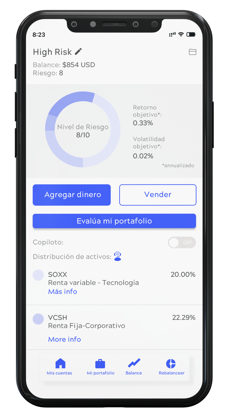 Imagen de celular inteligente con la interfaz de la App de Insights: Portafolios gestionados
